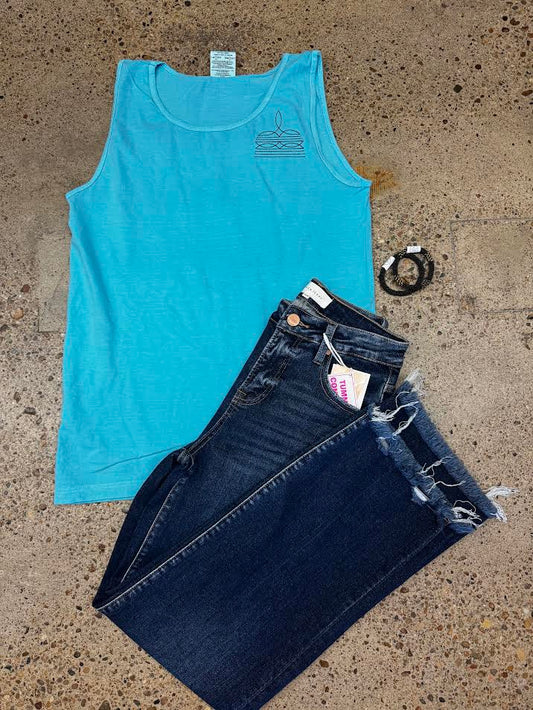 Boot Stitch Embroidered Teal Tank Top