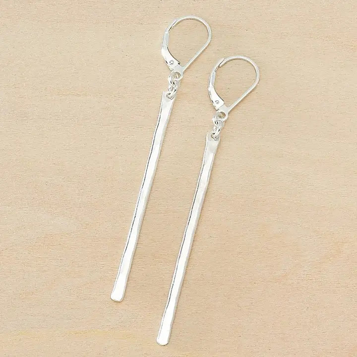 Stem Long Skinny Hammered Bar Earrings in Silver
