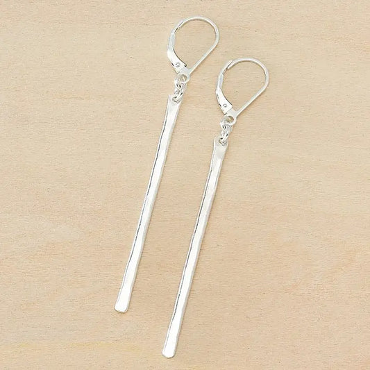Stem Long Skinny Hammered Bar Earrings in Silver