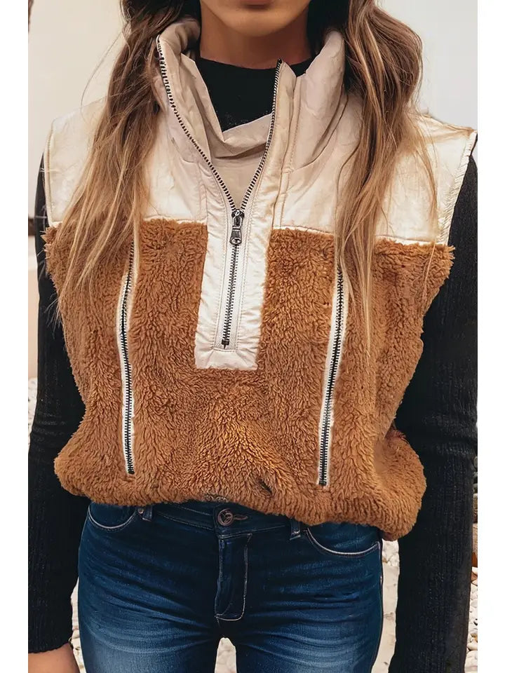 Color Block Plush Patchwork Zipper Vest