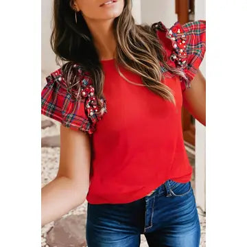 Plaid Pearl Ruffle Short Sleeve T Shirt