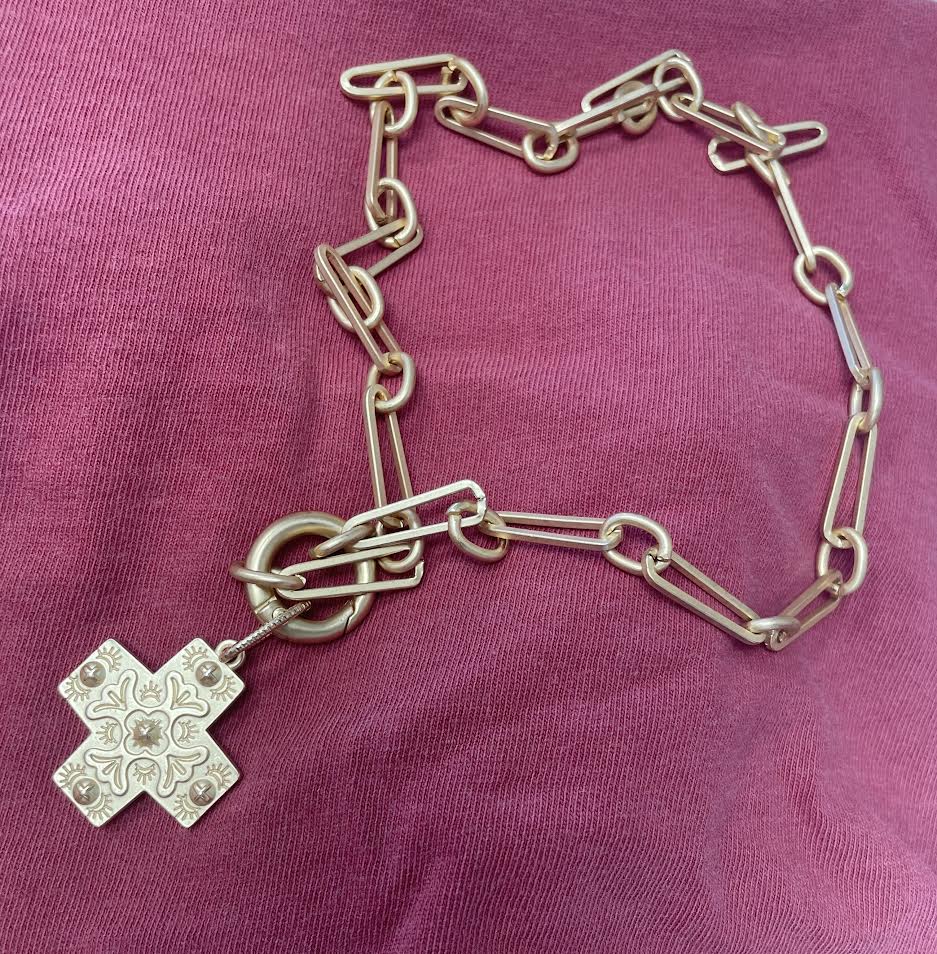 Bullets to Bling Brushed Gold Cross Chain Necklace