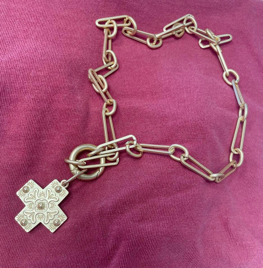 Bullets to Bling Brushed Gold Cross Chain Necklace