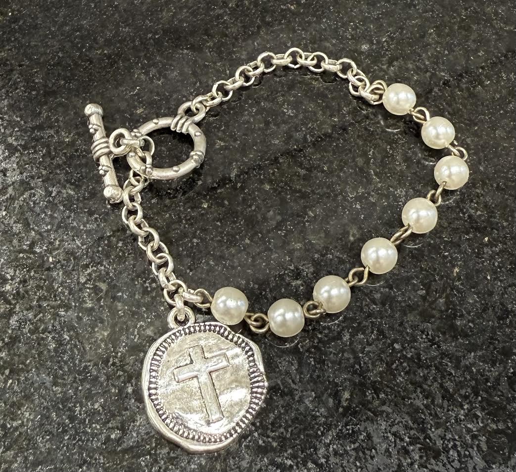 Bullets to Bling Silver Pearl/Cross Bracelet