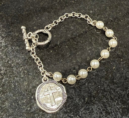 Bullets to Bling Silver Pearl/Cross Bracelet