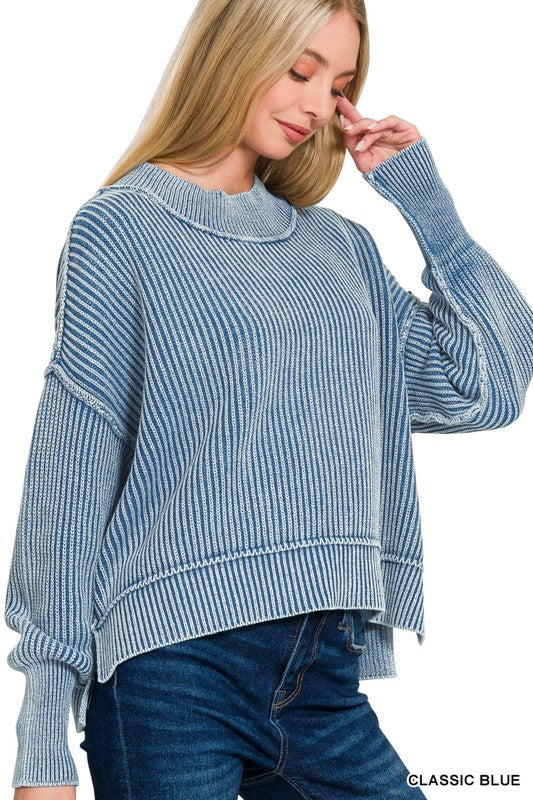 Washed Side Slit Oversized Cropped Sweater