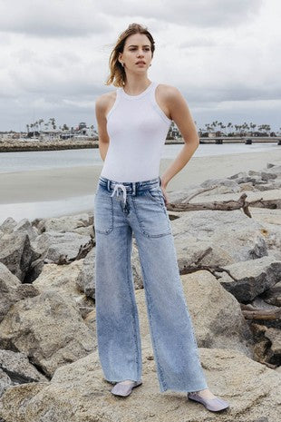 High Rise Drawstring Waistband Wide Leg Jeans