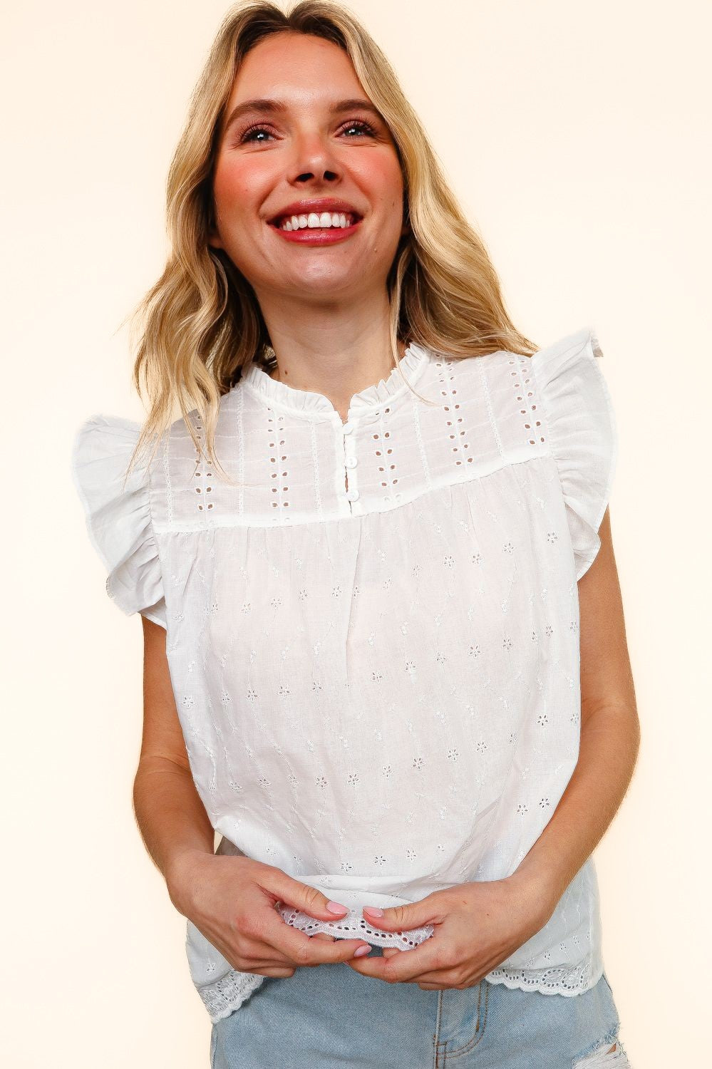 Frill Neck Cotton Eyelet Top Frill Neck Cotton Eyelet Top