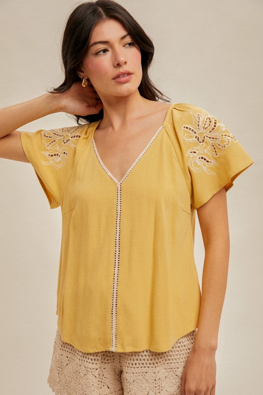 Embroidery Short Sleeve Linen Top
