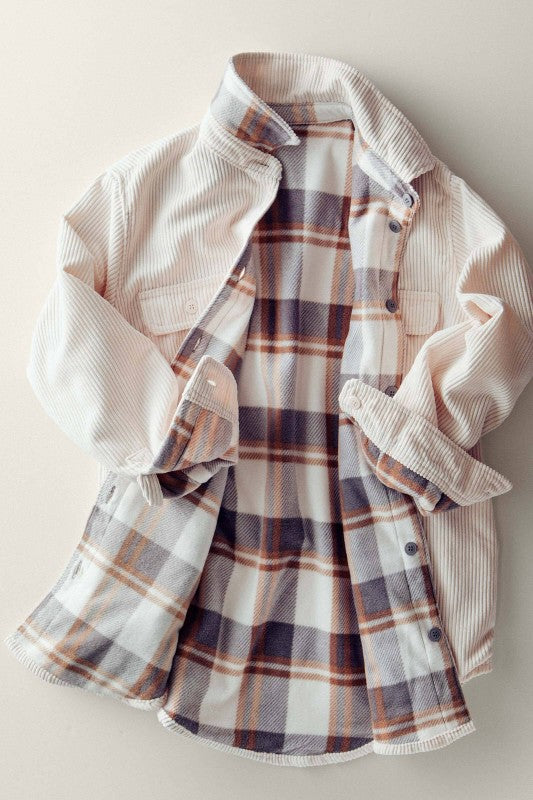 Corduroy And Plaid Flannel Shacket