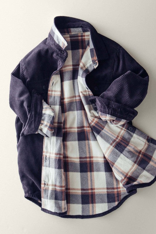 Corduroy And Plaid Flannel Shacket