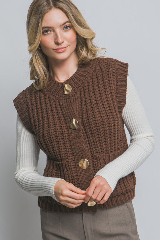 Knit Sweater Vest Gold Button Down