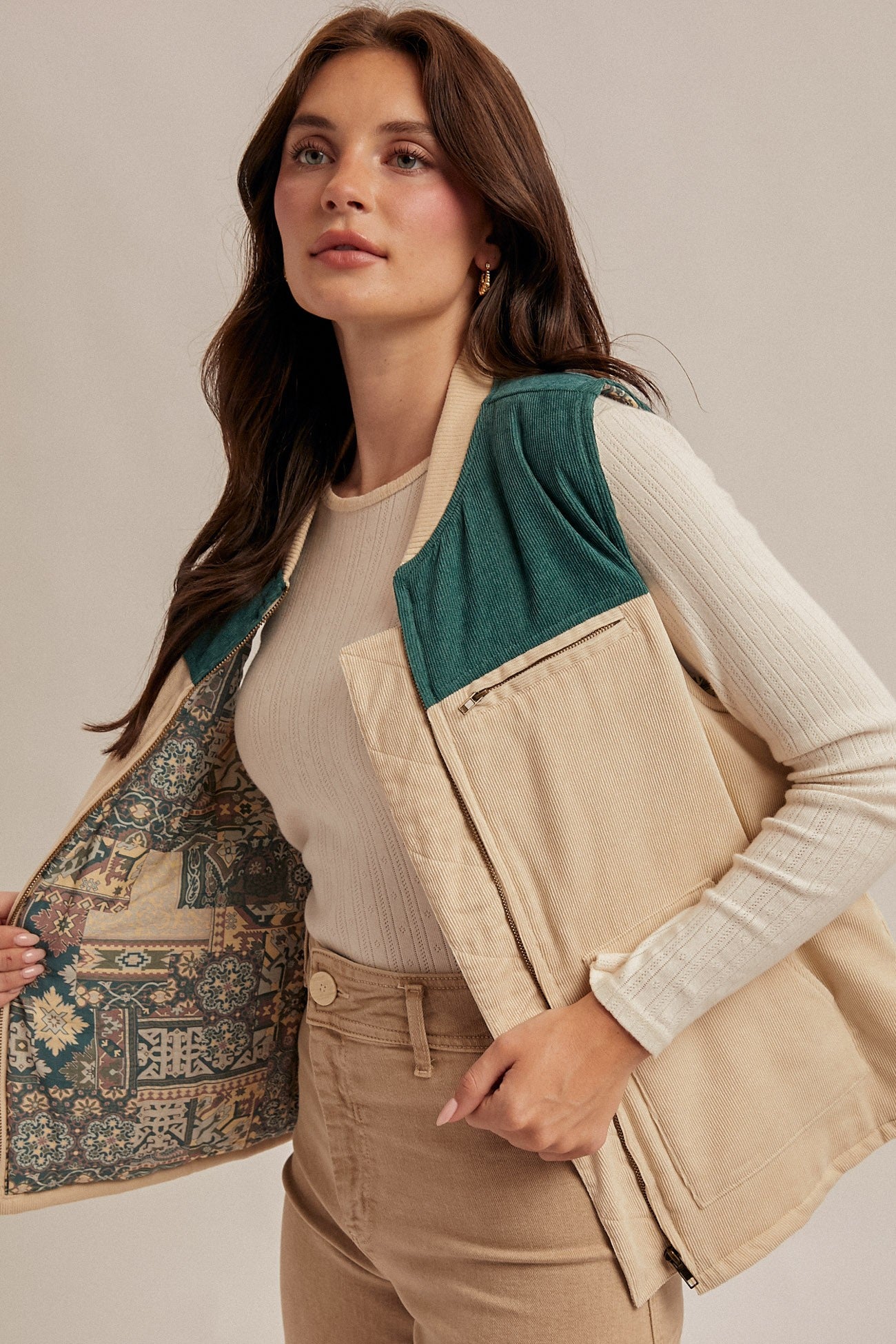 Color Block Corduroy Fisherman Vest