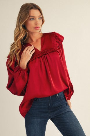 Ruffle Detail Solid Satin Top