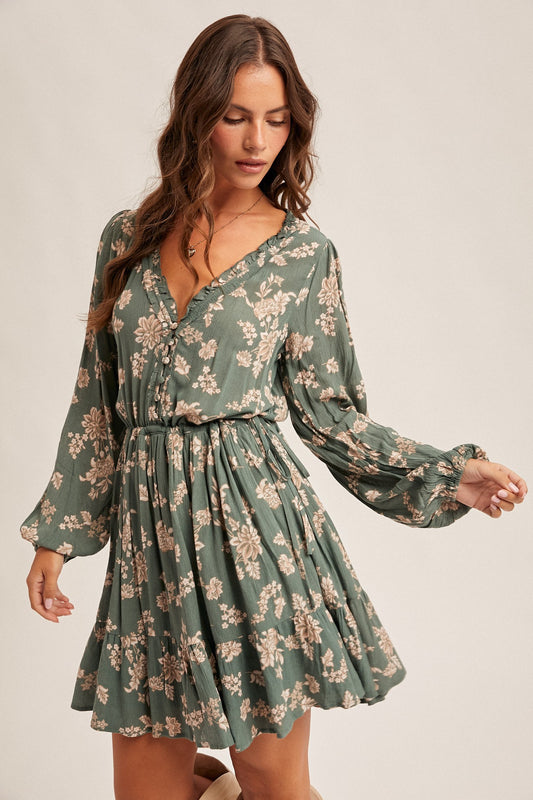 Floral Mini Ruffle Neck Mini Dress