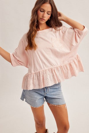 Lace Ruffle Loose Fit Washed Top