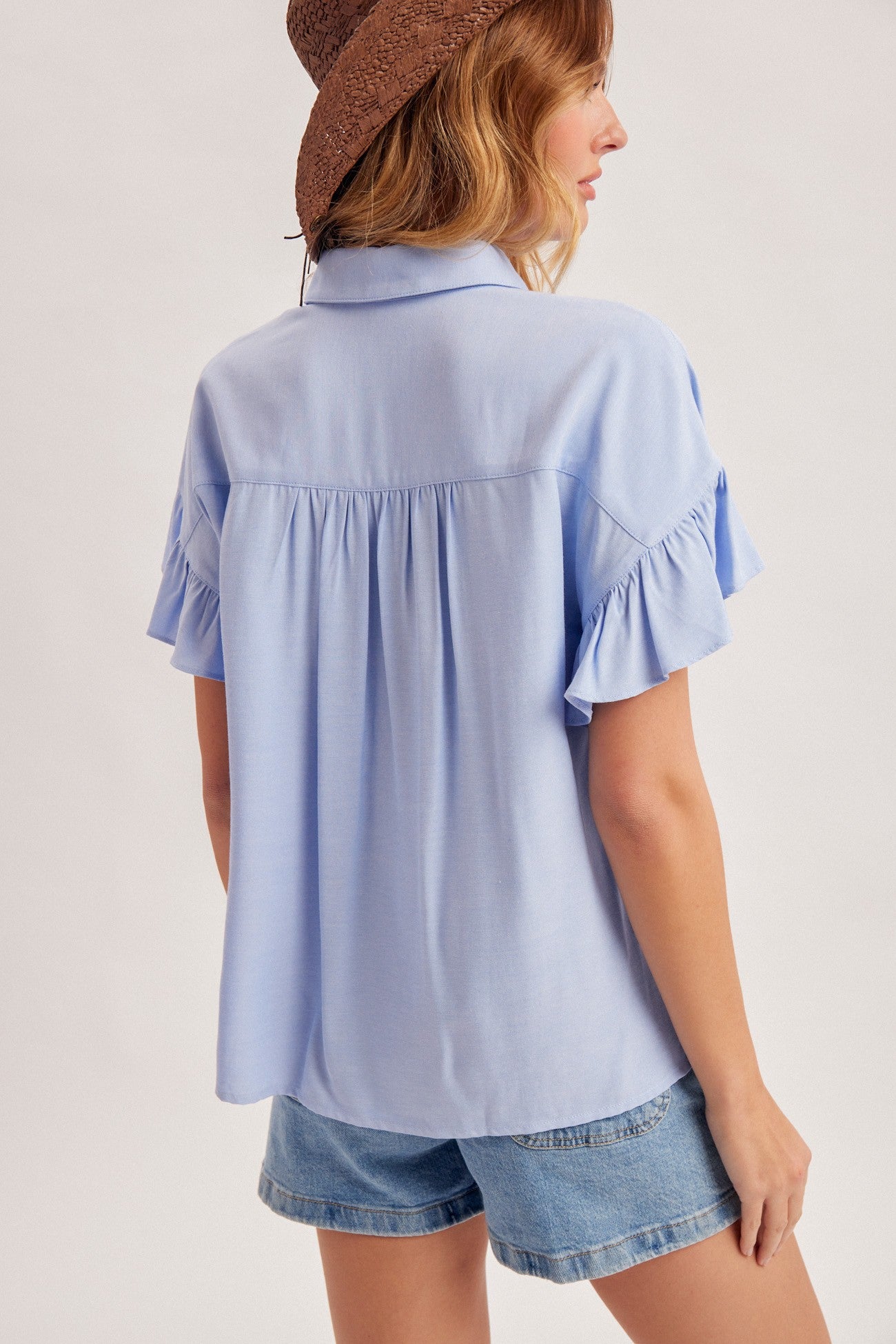 Ruffle Sleeve Pleated Detail Button Down Shirt