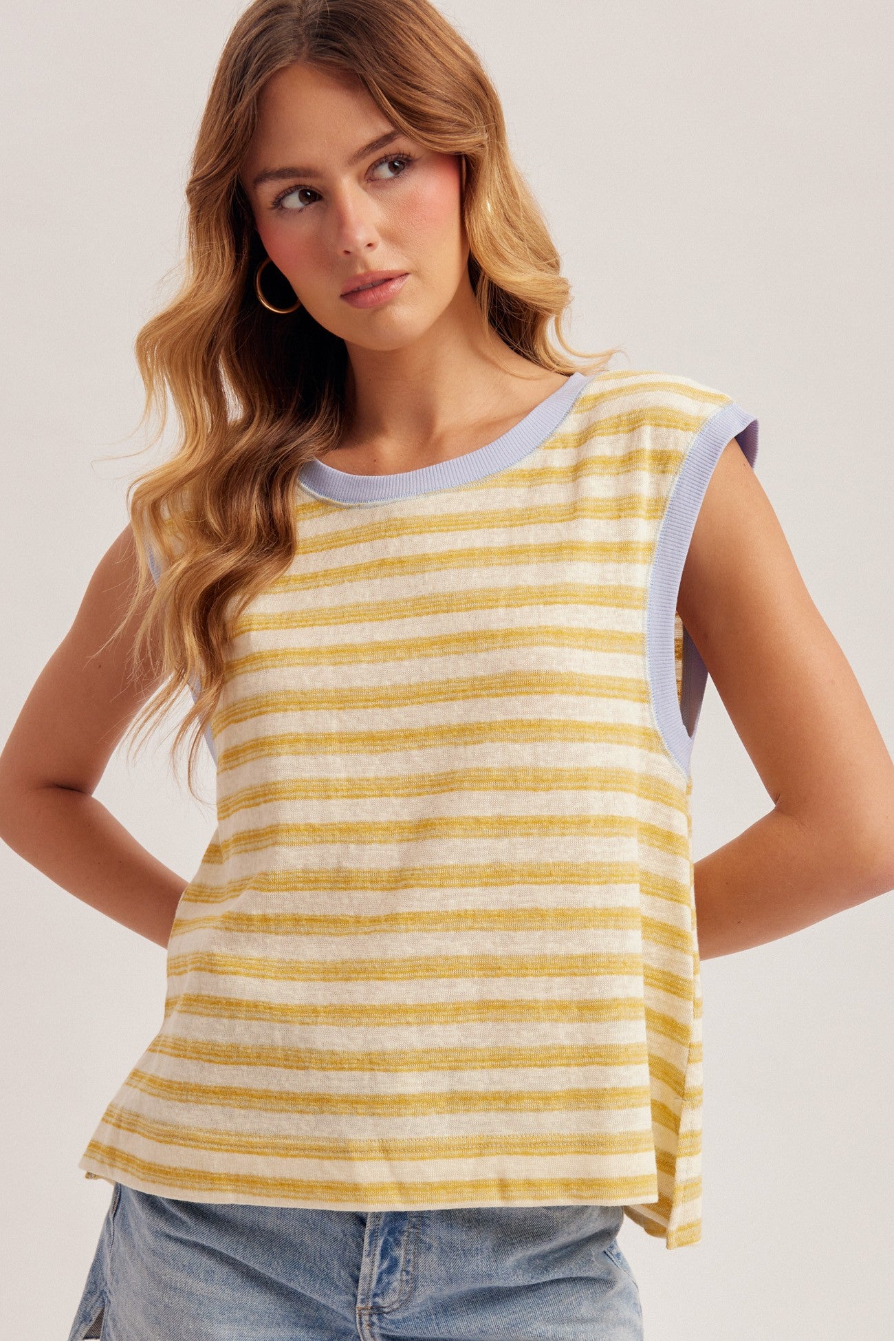 Textured Two Tone Stripe Muscle Top