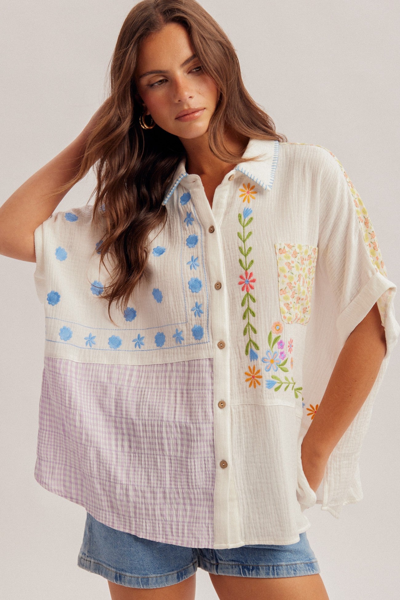 Multi Embroidered Mixed Textured Button Down Shirt