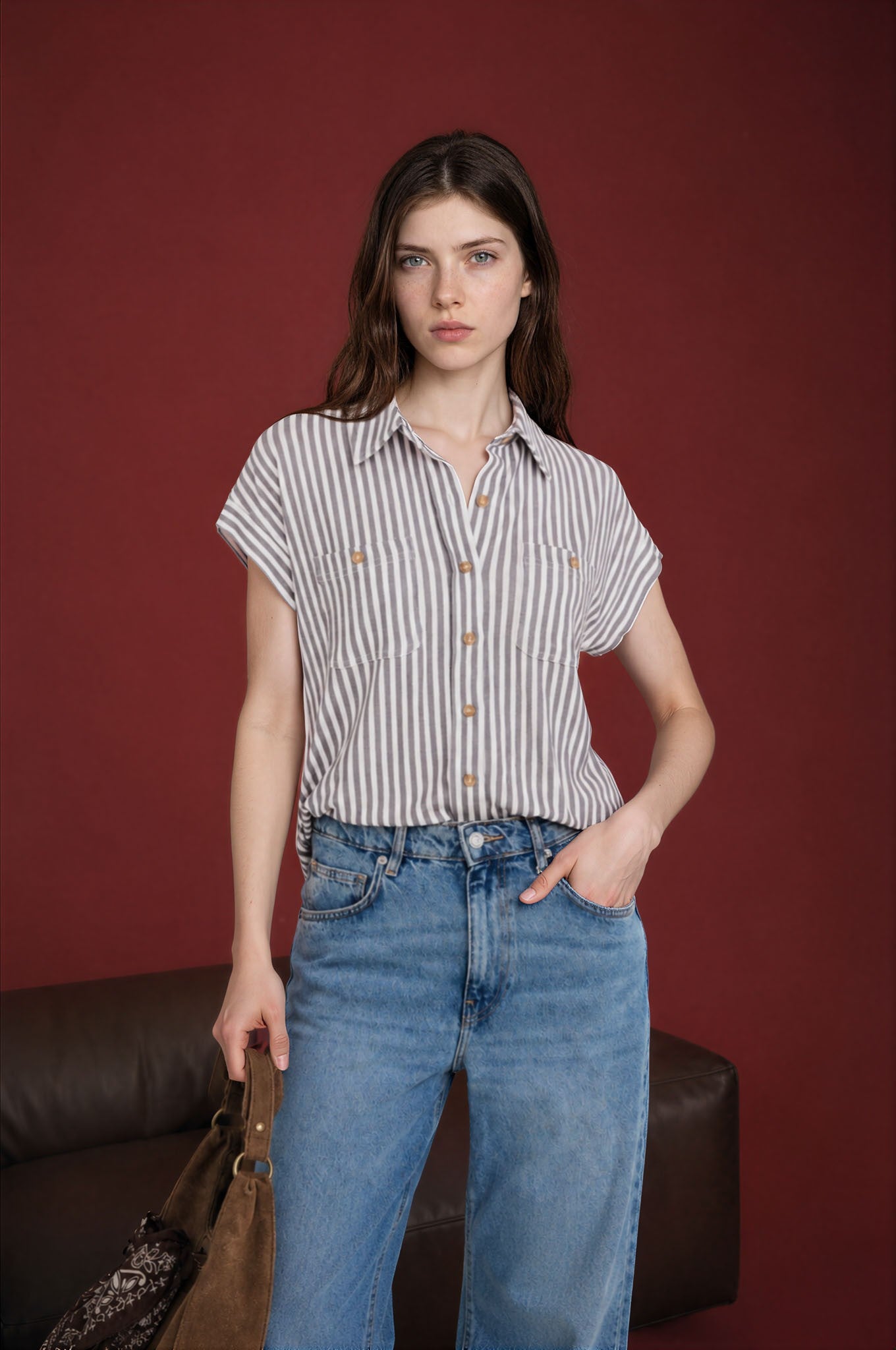 Stripe Collared Short Sleeve Button Down Top