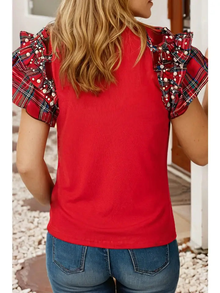 Plaid Pearl Ruffle Short Sleeve T Shirt