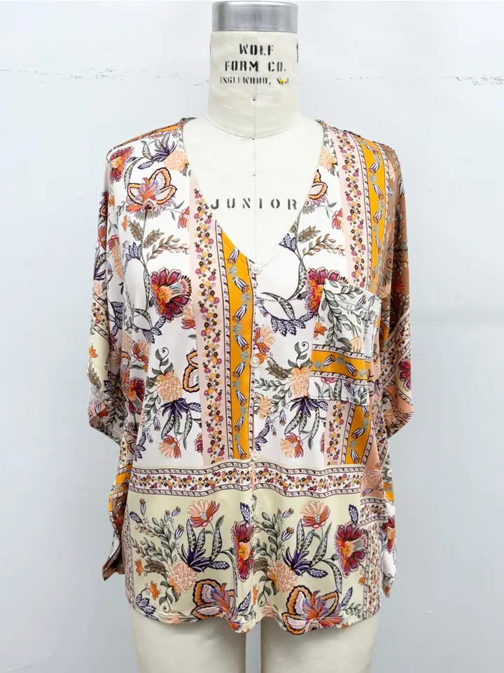 Boho Floral Border Print Blouse