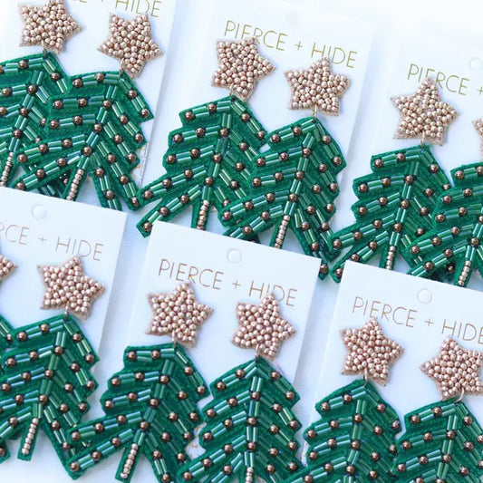 Beaded Green Boho Christmas Tree Earrings