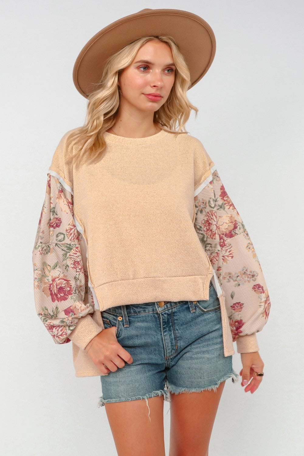 Floral Long Sleeve Slits Pullover Top