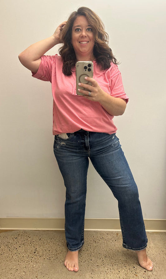 Raw Edge Detailed Button Closure Short Sleeve Top