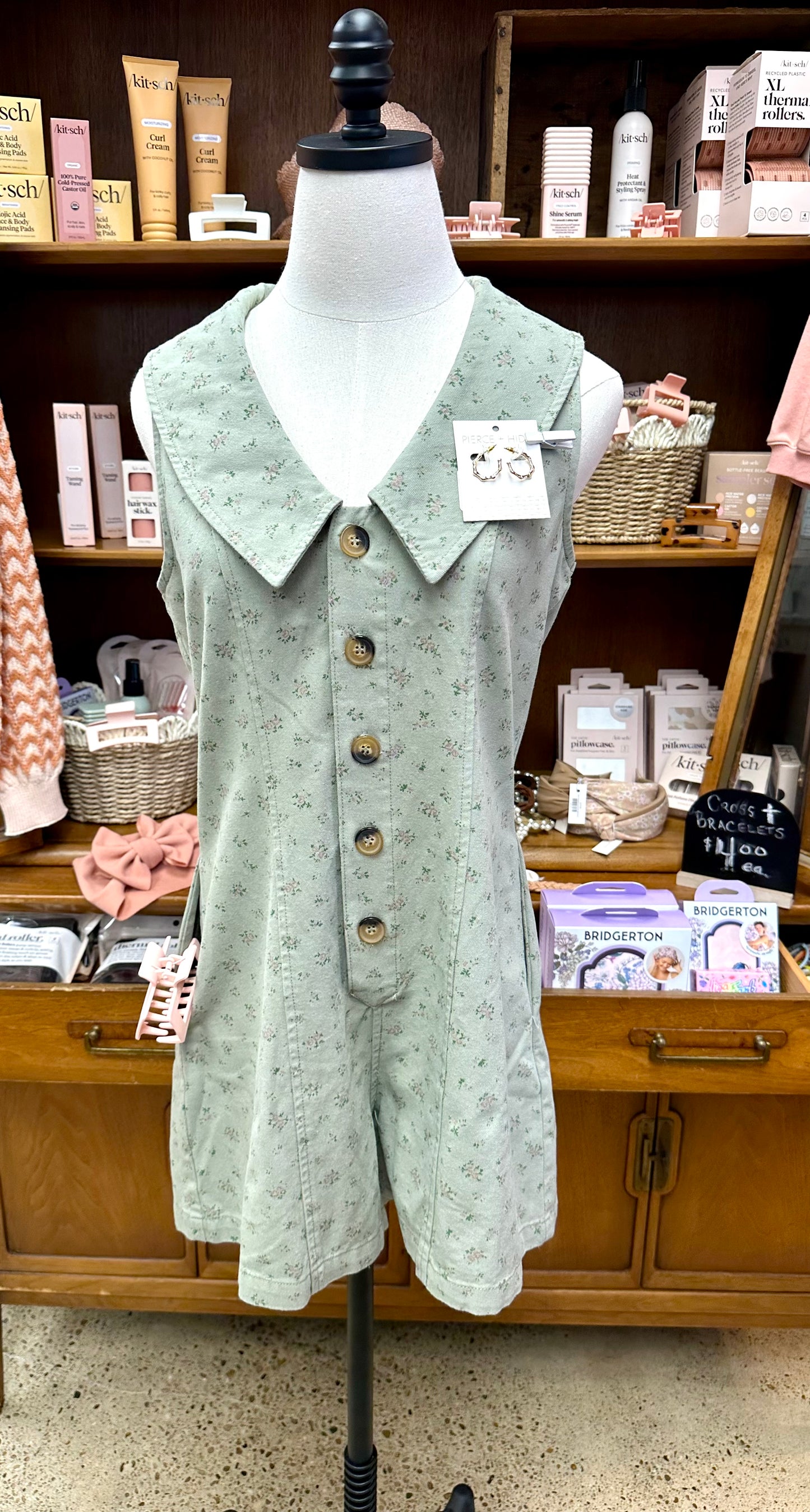 Chambray Floral Button-front Sleeveless Romper