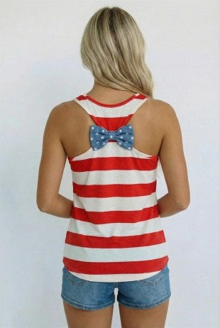 Stripe Tank w/ Star Pocket & Bow Back