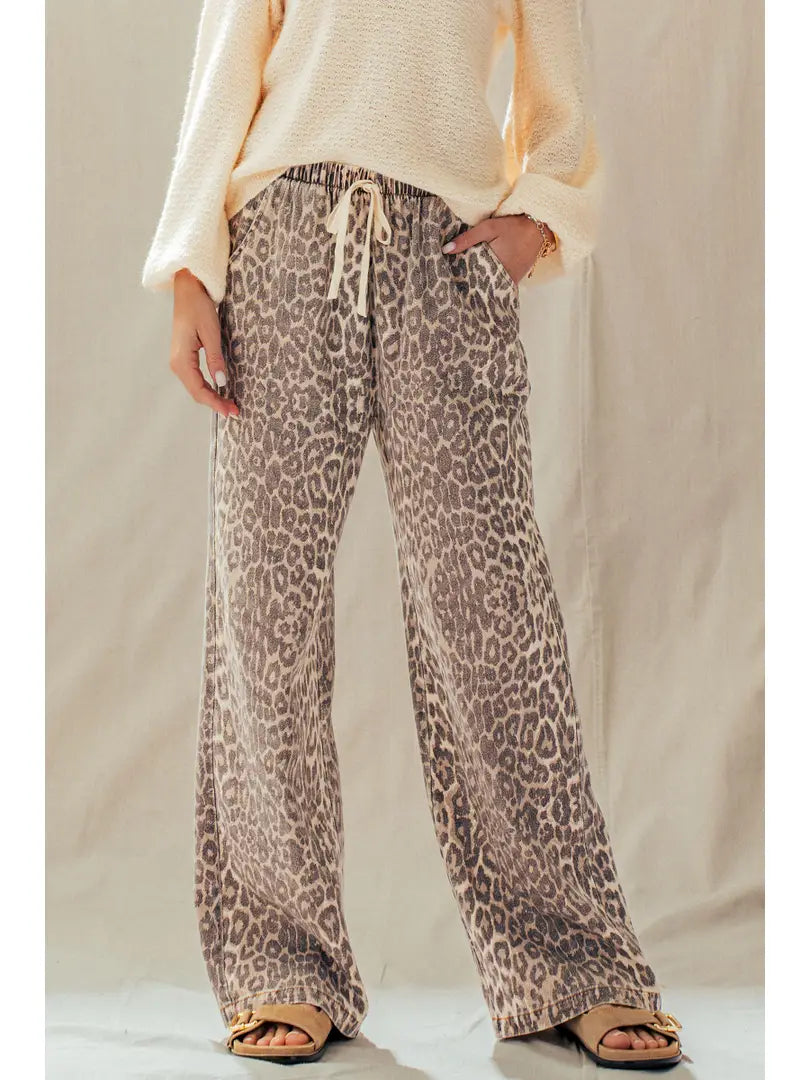 Leopard Print Wide Leg Cotton Pants Drawstring