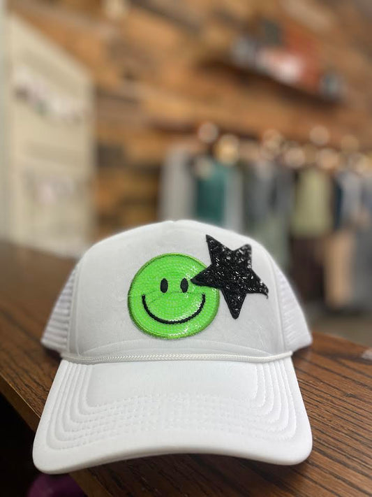 White Trucker Hat - Lime Smiley Face/Black Star