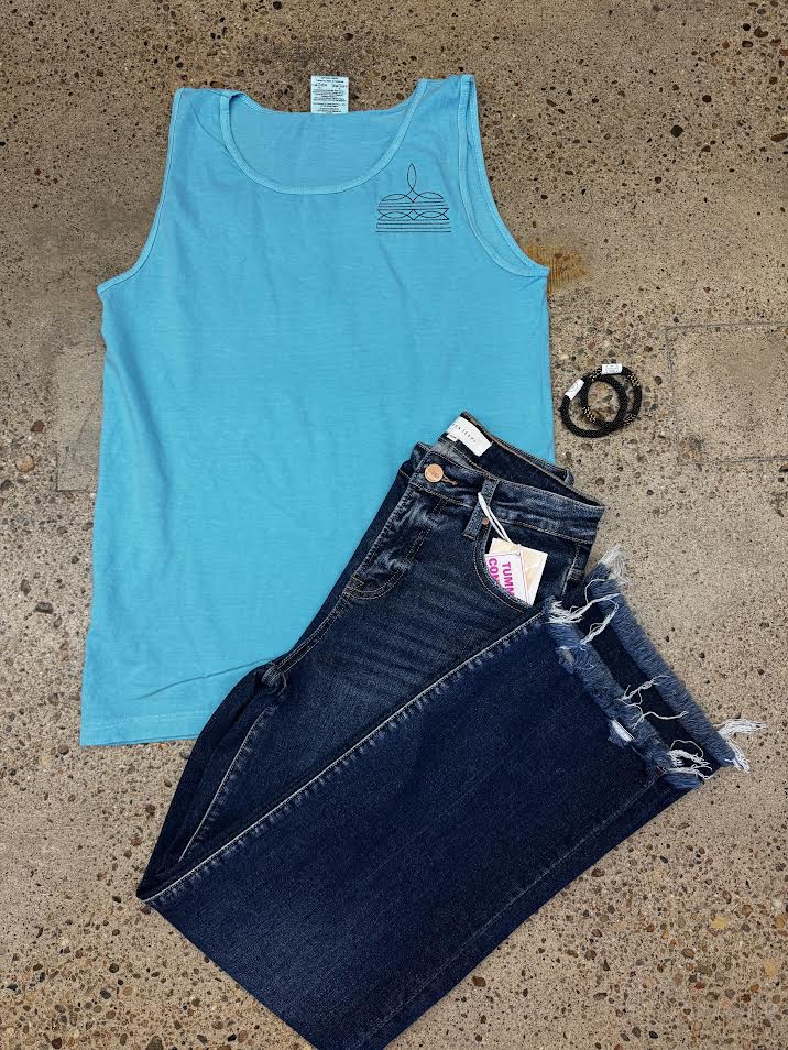 Boot Stitch Embroidered Teal Tank Top