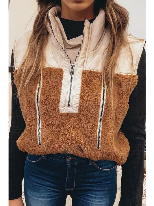 Color Block Plush Patchwork Zipper Vest