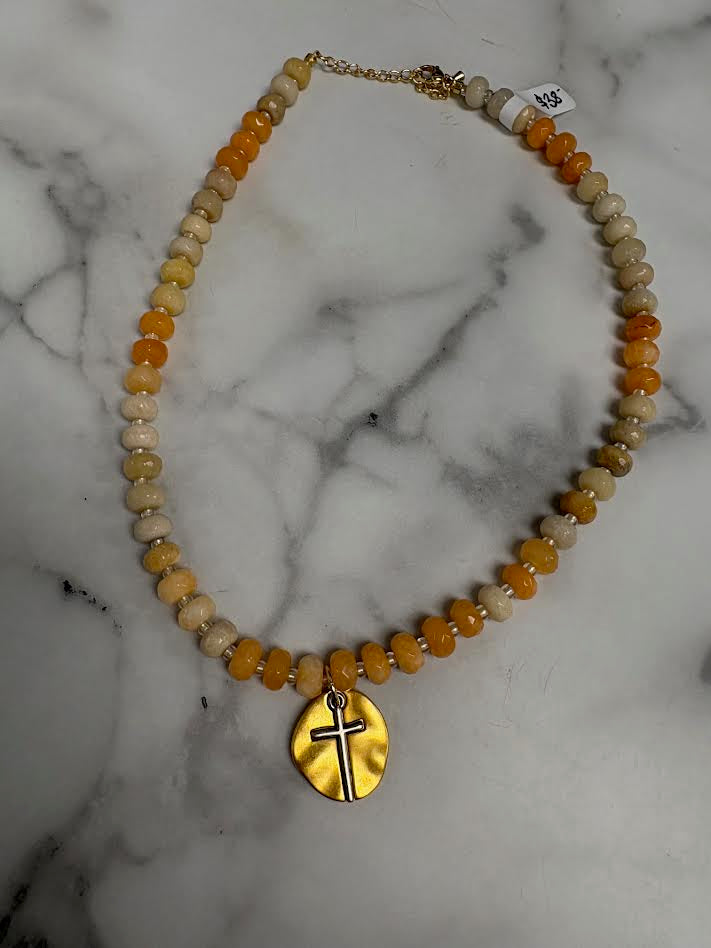 Orange Beaded Cross Necklace