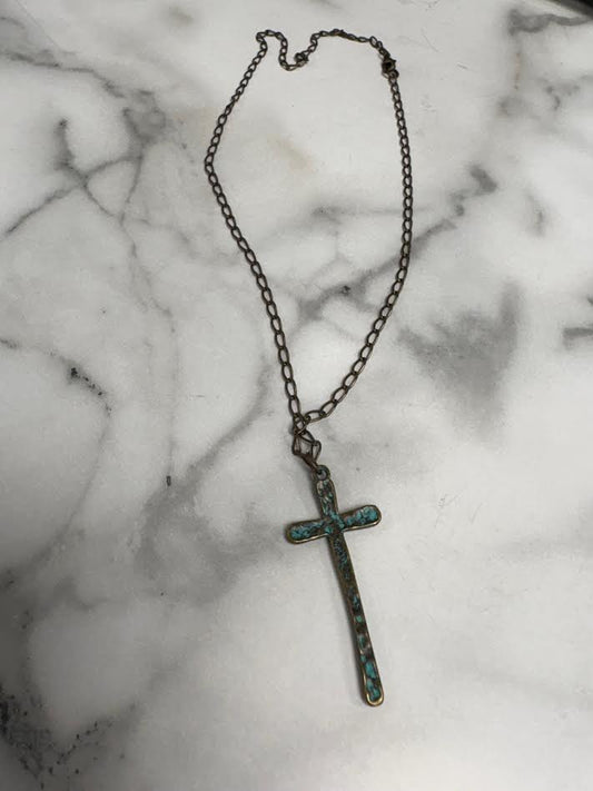 Turquoise hammered Cross Necklace