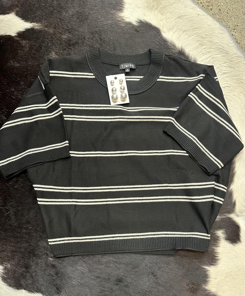 Striped Knit Short Sleeve Sweater