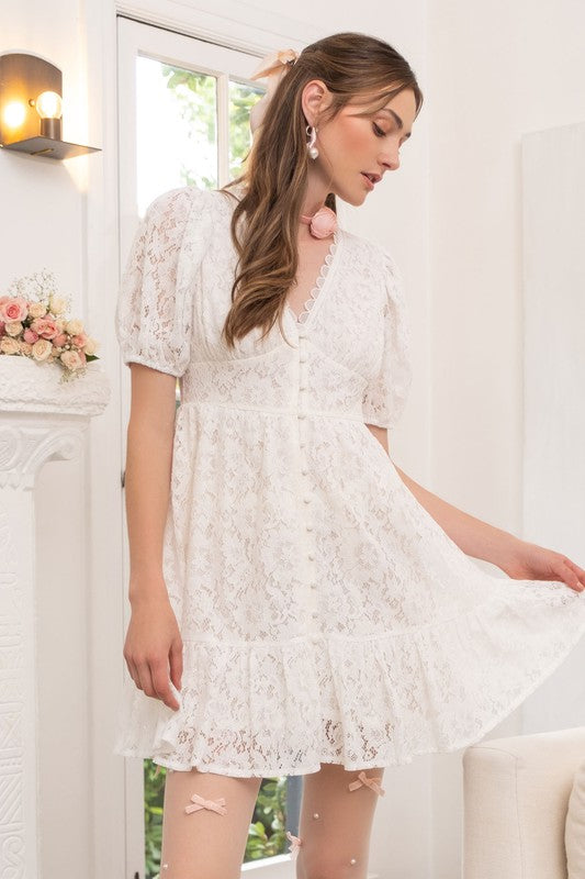Off White Floral Lace Mini Dress
