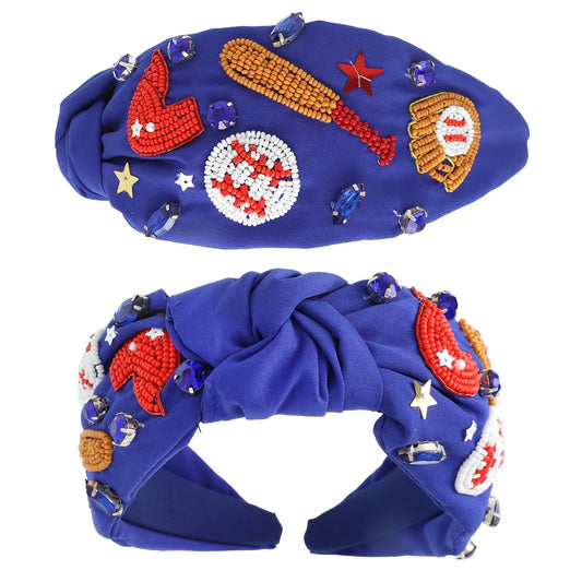 Baseball Top Knotted Jeweled Beaded Headband- Royal Blue