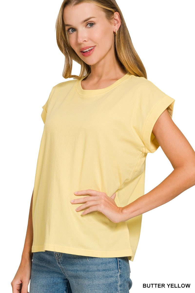 Round Neck Folded Short Sleeve T-shirt