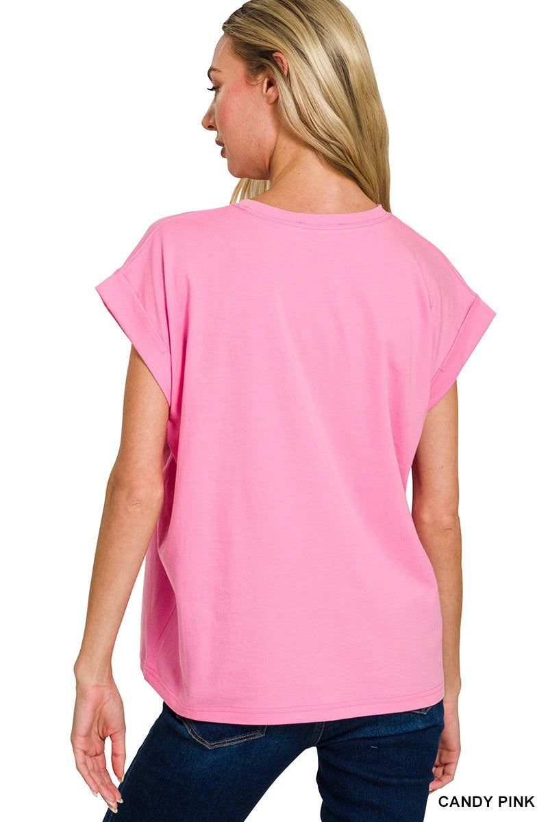 Round Neck Folded Short Sleeve T-shirt
