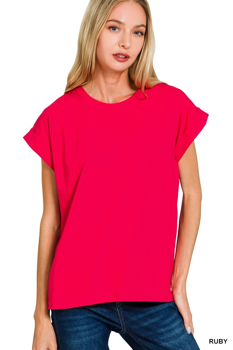 Round Neck Folded Short Sleeve T-shirt