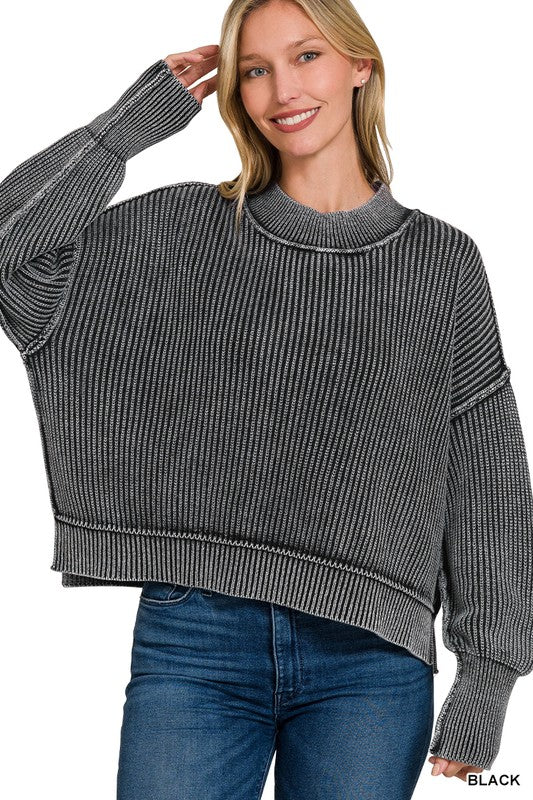 Washed Side Slit Oversized Cropped Sweater