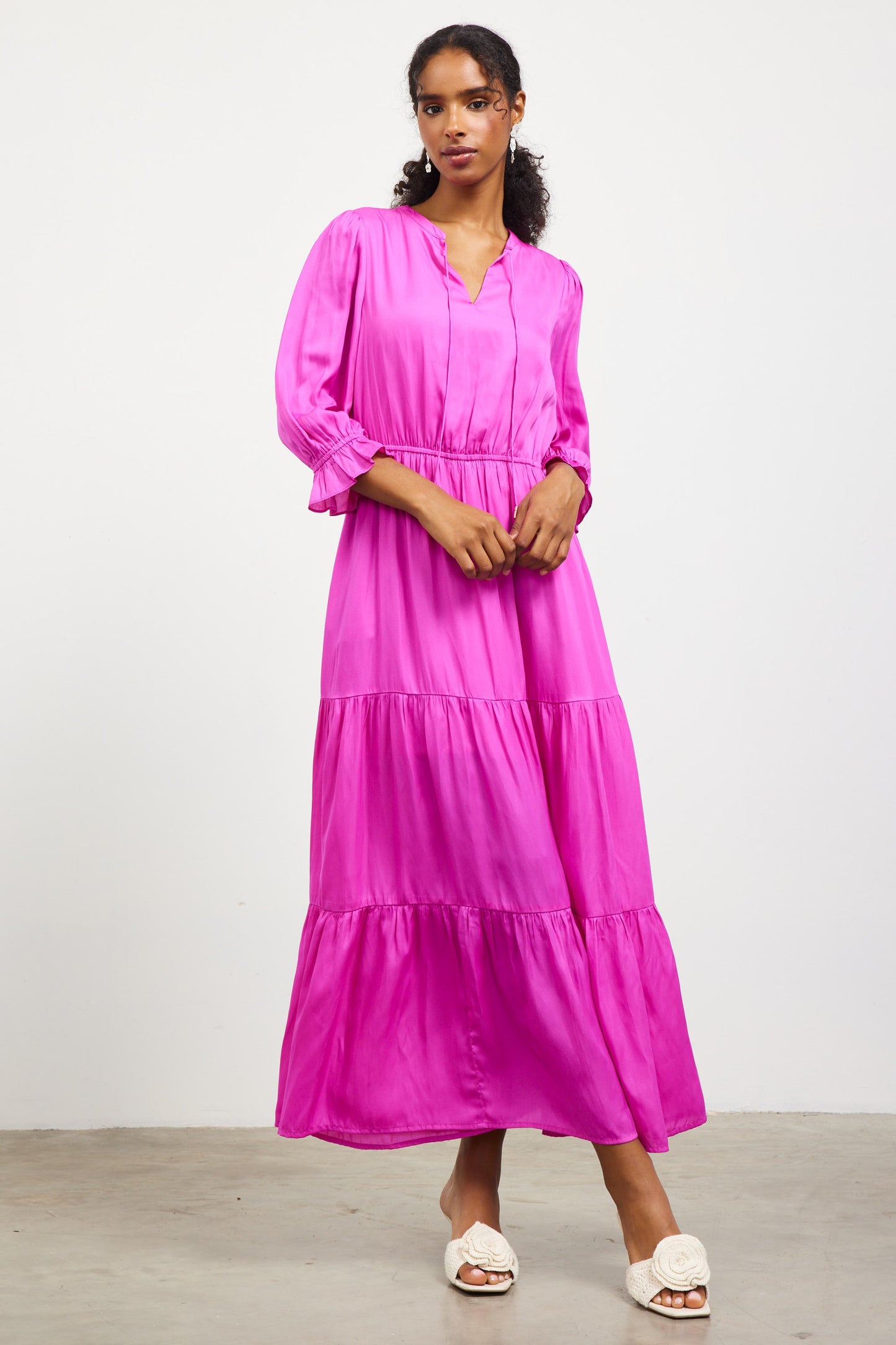Split Neck Ruffle Tiered Maxi Dress