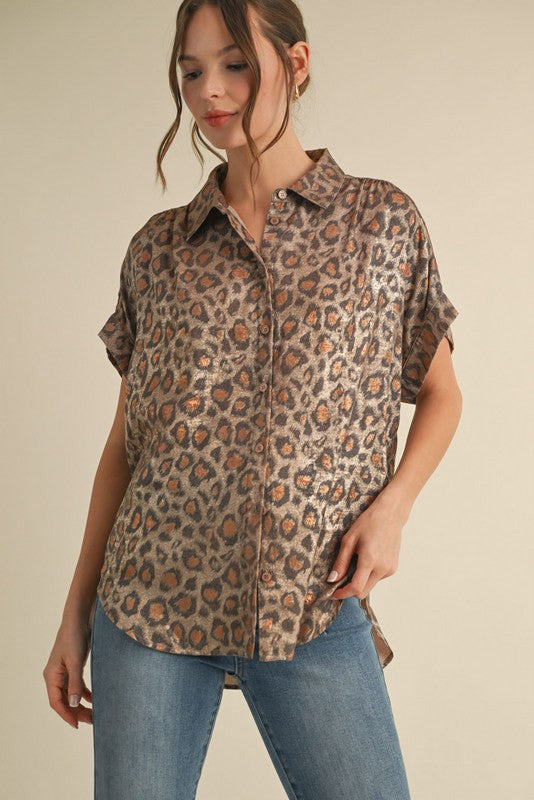 Leopard Print Collared Button Up Top