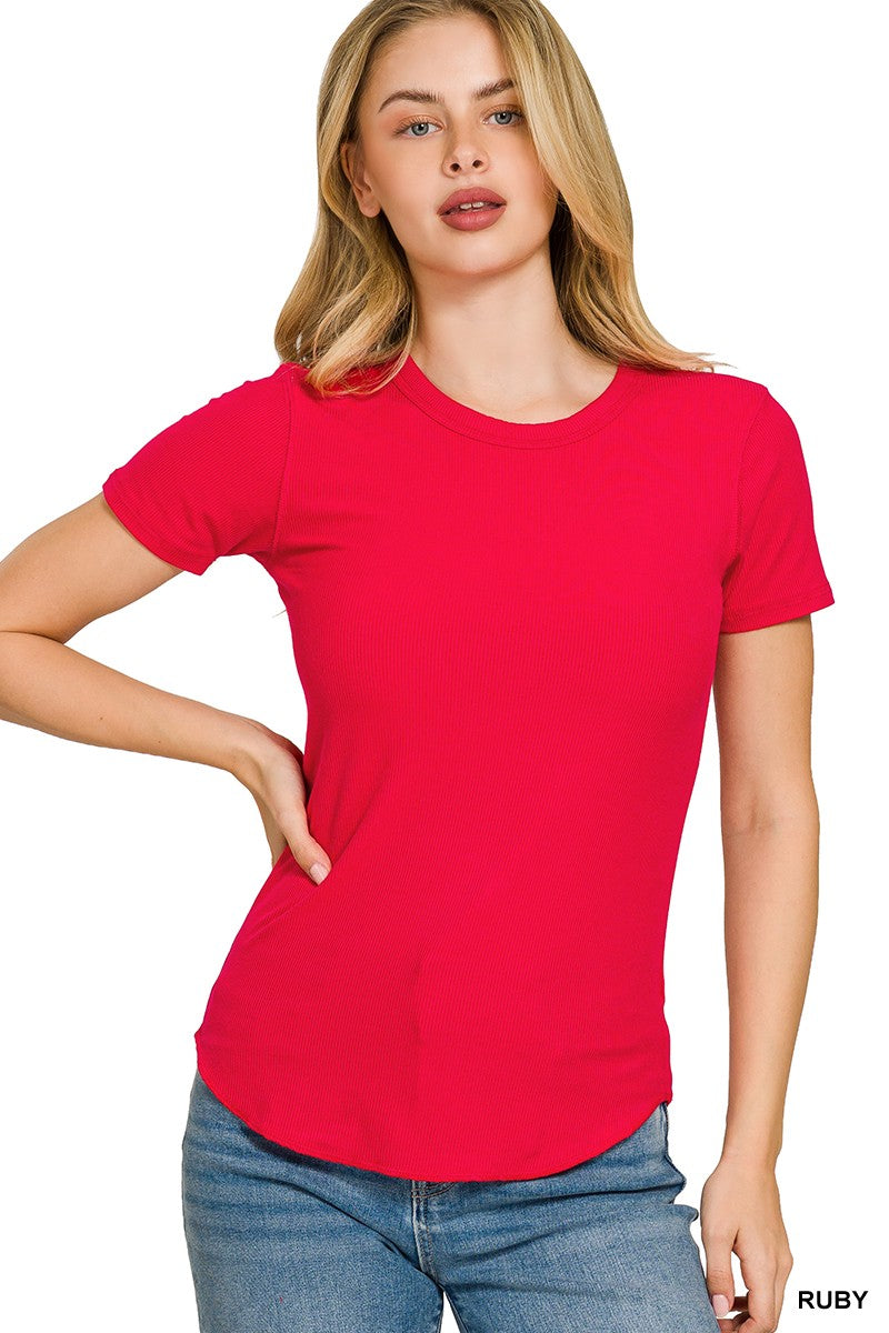 Ribbed Curved Hem Round-neck Tee