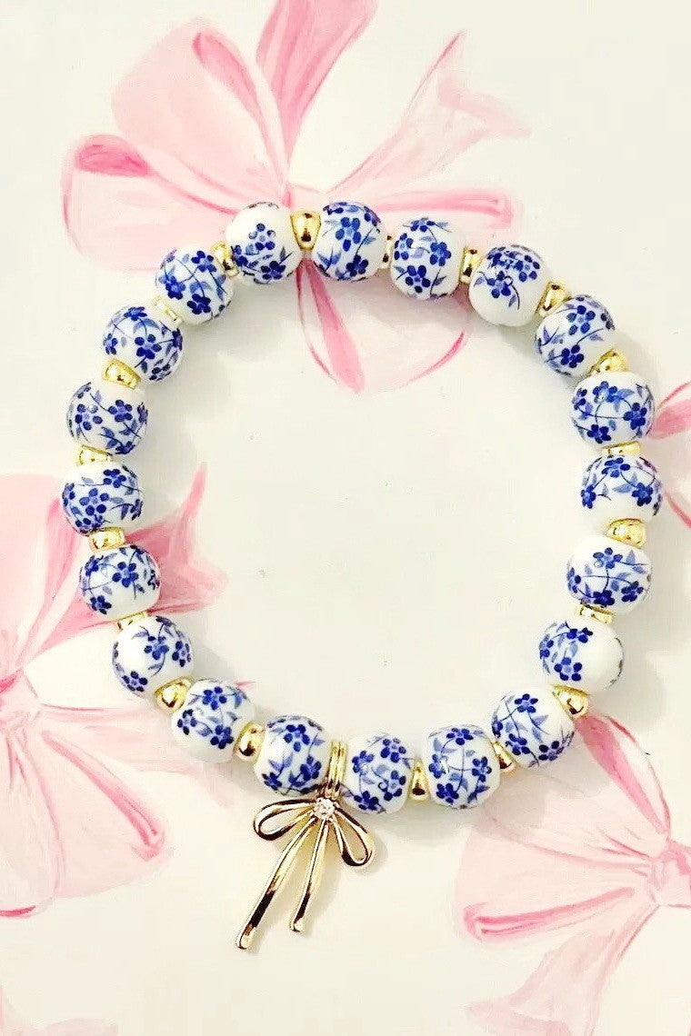 Bow Charm Floral Porcelain Blue Bracelet