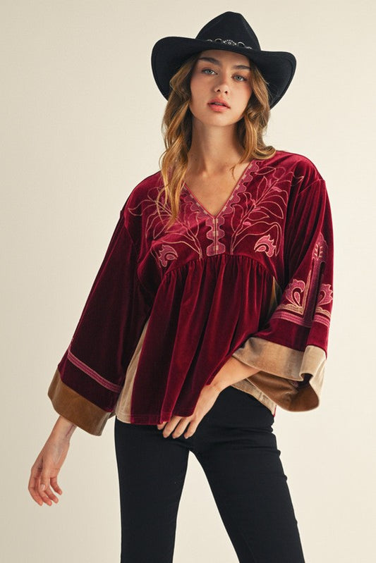 Embroidered Velvet Top