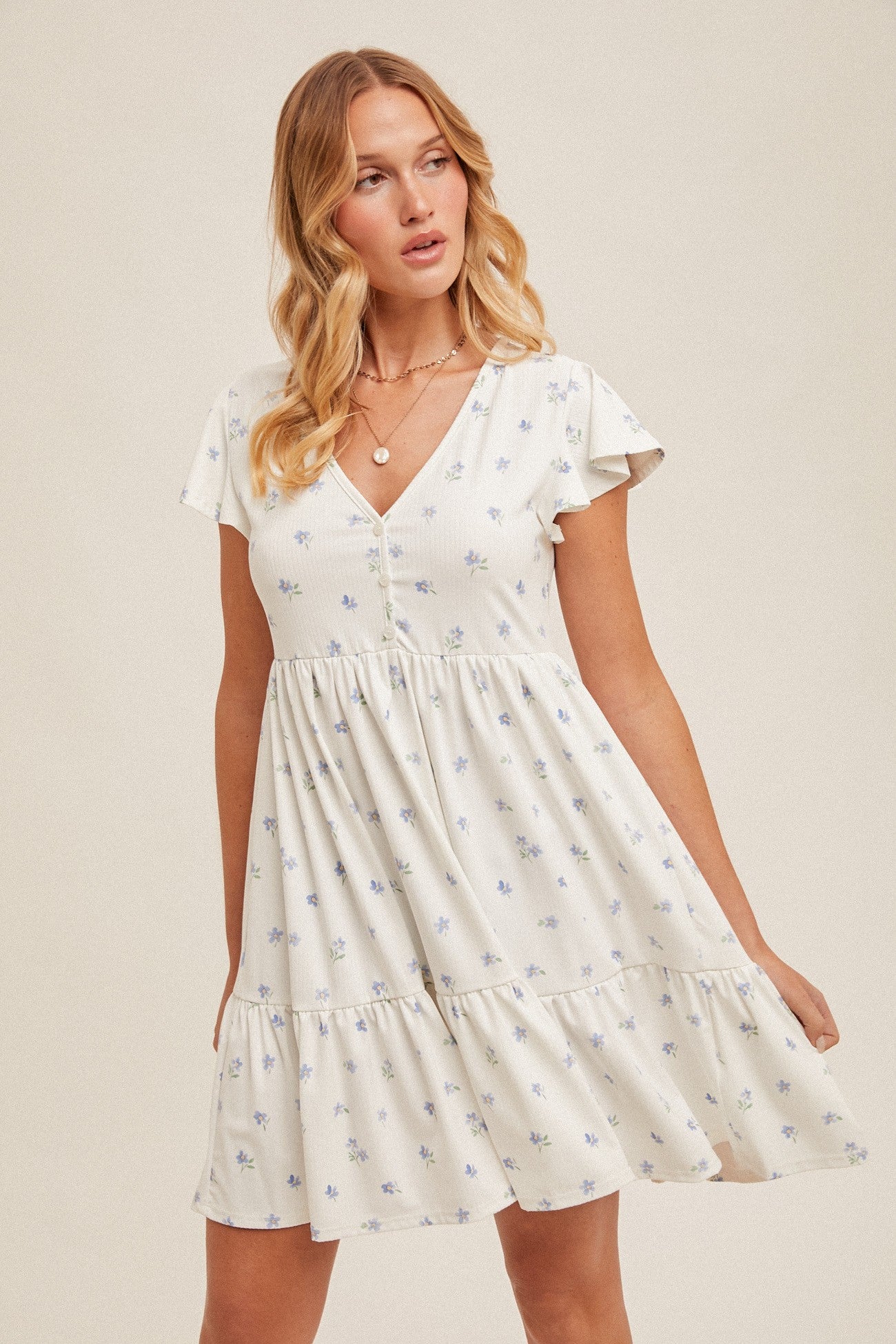 Ruffle Sleeve Tiered Floral Knit Rib Mini Dress